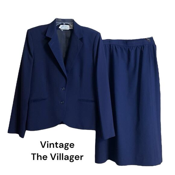 Vintage The Villager 2 Piece Suit Skirt Blazer Jacket Women SZ 14 Navy Blue Wool - Picture 1 of 16